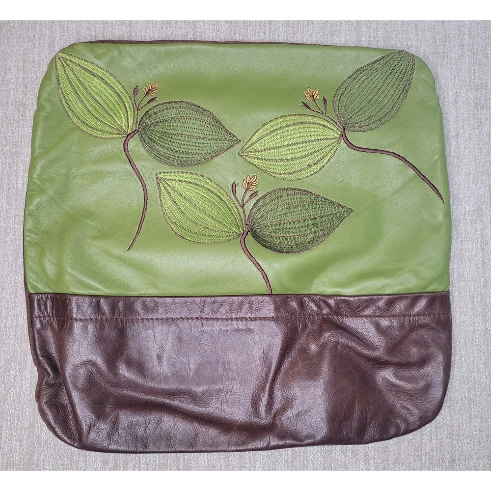 R & Y Augousti Paris Leather &‎ Suede Floral Green Brown 15x15 Throw Pillow RARE